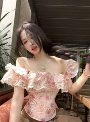 Floral Off-Shoulder Ruffle Blouse – Lace Trim Slim Fit Feminine Top