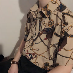 Men’s Vintage Chain Print Short Sleeve Shirt – Loose Fit Hong Kong Style Casual Top