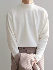 Men’s Loose Fit Half Turtleneck Long Sleeve Tee – Korean Style Solid Color Base Layer Top