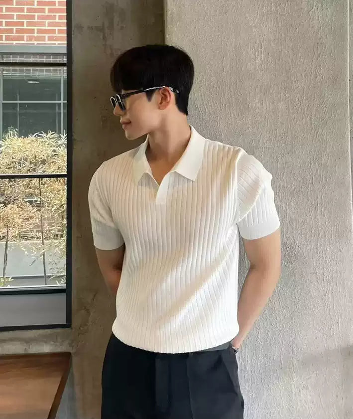 Men’s Slim Fit Knit Polo Shirt – Korean V-Neck Stretch Cotton Ice Silk Tee
