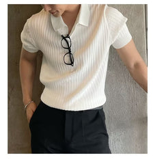 Men’s Slim Fit Knit Polo Shirt – Korean V-Neck Stretch Cotton Ice Silk Tee