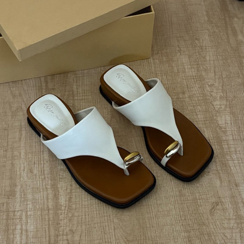 Elegant Toe Ring Flat Sandals – Fashion Casual Slip-On Beach Slides for Women